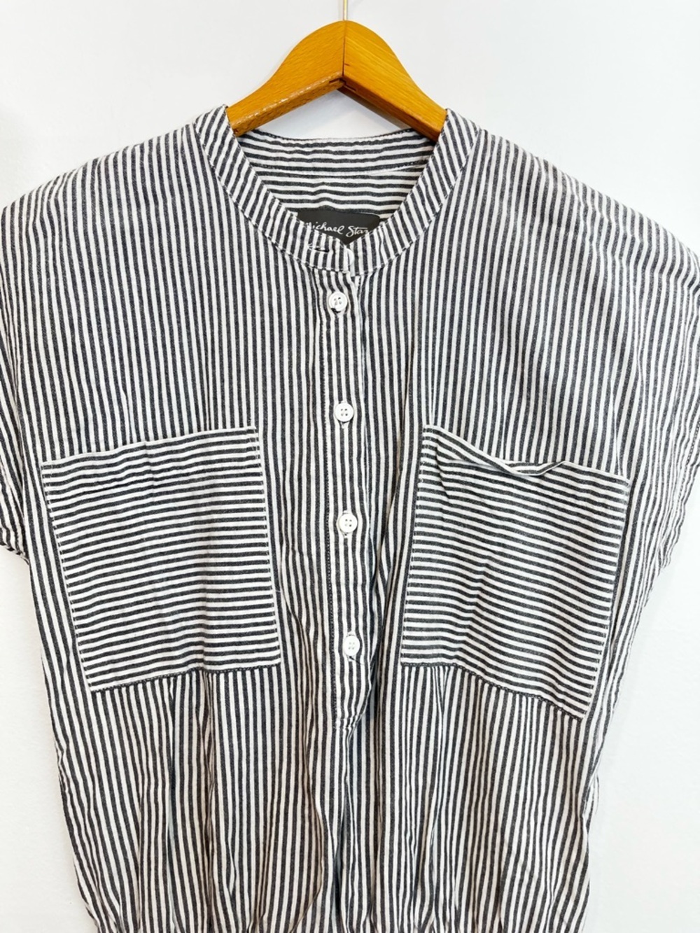 Michael Stars Talula Striped Romper Gray White Drawstring Button Front Pockets - Picture 3 of 9